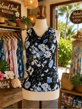Carol Rose Hawaiian Black Floral Cowl Neck Tank with Blue & White Flowers
